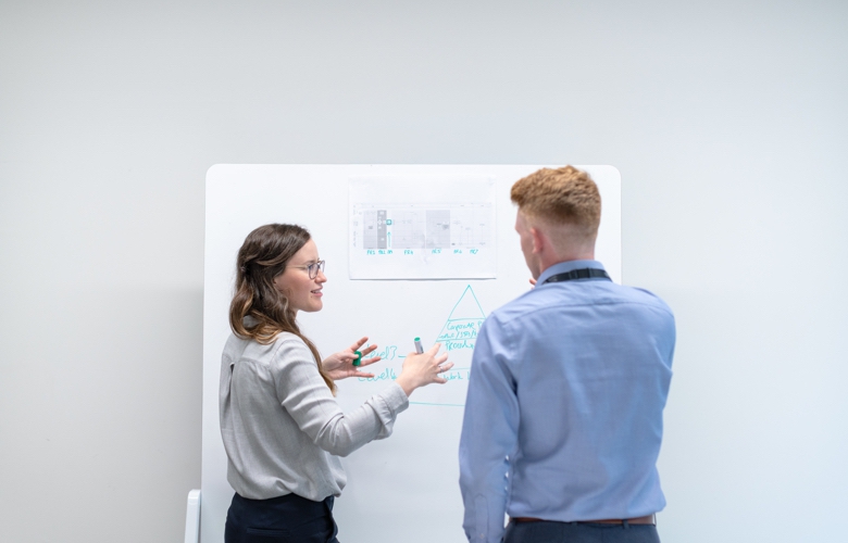 Two business people creating an implementation plan on a whiteboard